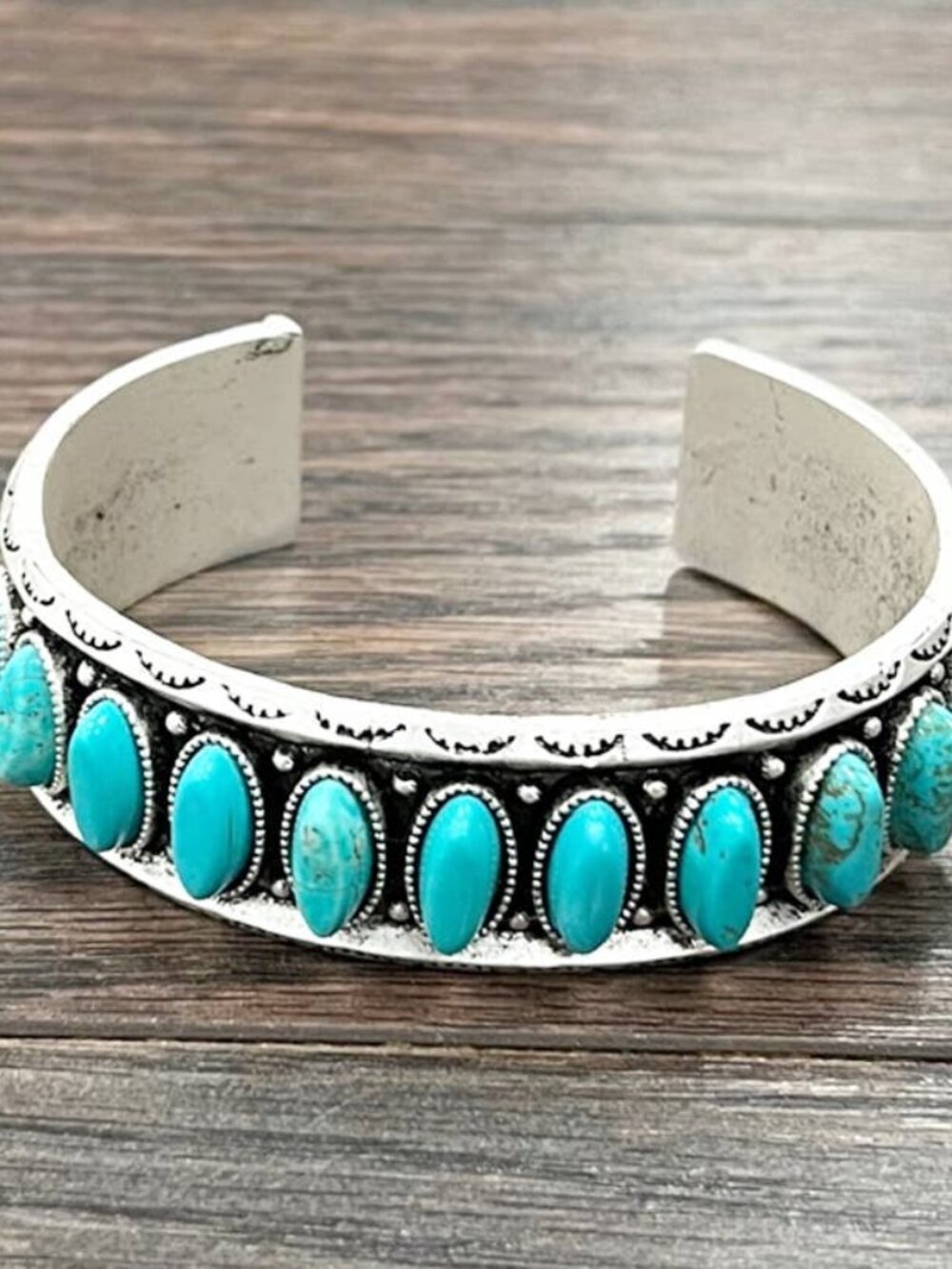 Turquoise Oval Row Cuff Bracelet Western Boho Rodeo Silver Tone Adjustable